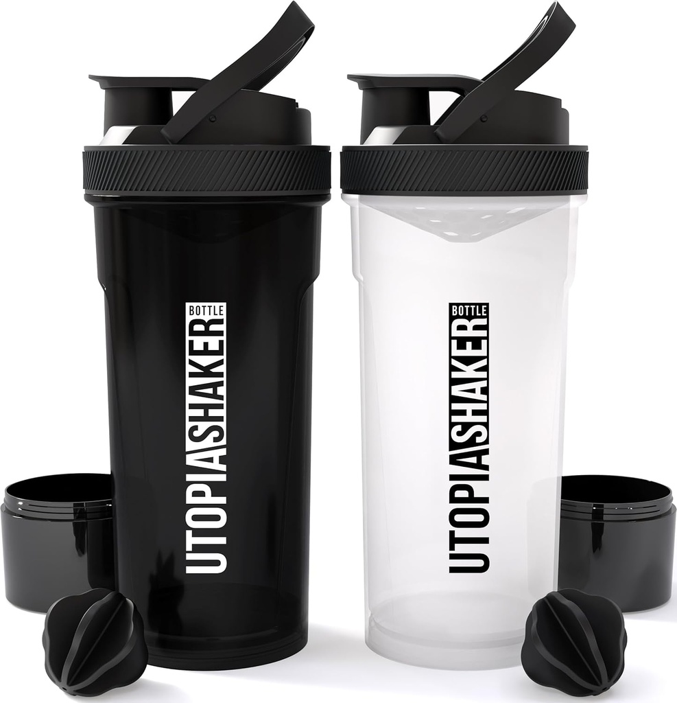 Utopia Home Shaker Pudele 2 Pack - 24 Ounce Plastic Protein vai Cocktail Shaker Pudele pirms un pēc treniņa ar Twist & Lock Protein Box glabāšana (visi melnā un skaidrs / melns)