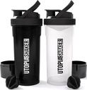Utopia Home Shaker Pudele 2 Pack - 24 Ounce Plastic Protein vai Cocktail Shaker Pudele pirms un pēc treniņa ar Twist & Lock Protein Box glabāšana (visi melnā un skaidrs / melns)
