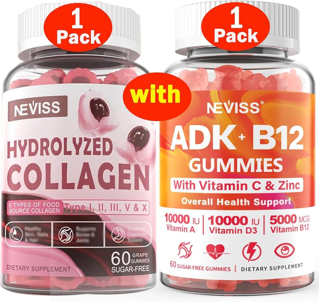 NEVISS 1Pack Hidrolizēti kolagēni Gumijas + 1Pack vitamīns ADK ar B12 Gumijas