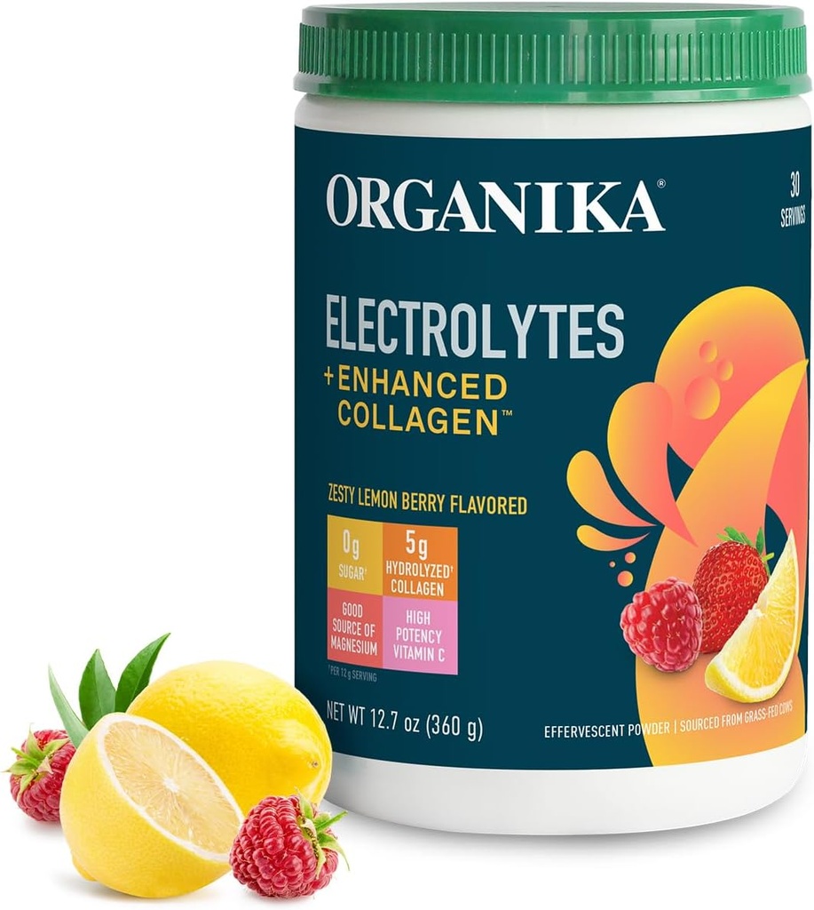 Organikа Elektrolīti ar uzlabotu kolagēna pulveri sievietēm un vīriešiem - 13 oz - Zesty Lemon Berry-Flavored Effervescing Elektrolītu un kolagēna maisījums - dziļa hidratācija, mobilitāte, āda, mati, un naglas