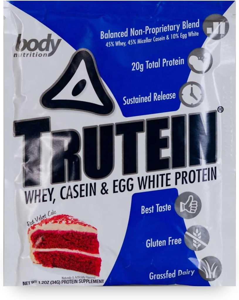 Body Nutrition Trutein High Protein Pulveris: 45% Sūkalas, 45% Kazeīns, 10% Olu balts, bez lipekļa, zems nātrija līmenis, zāles kausētu sūkalu olbaltumvielu pulveris, Gym papildinājums un brokastis Shake, sarkans Velvet kūka, 34g paraugs