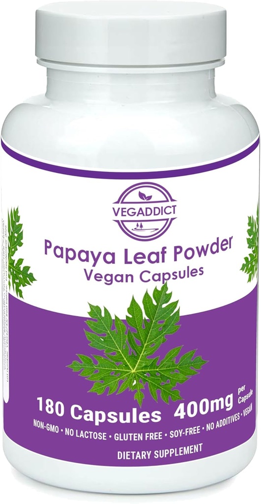 Papaya Leaf pulveris • 340 mg kapsulas • etikalizēti iegūtas, izmantojot trombocītu atbalstu • bez glutēna un laktozes • bez sojas • bez piedevām