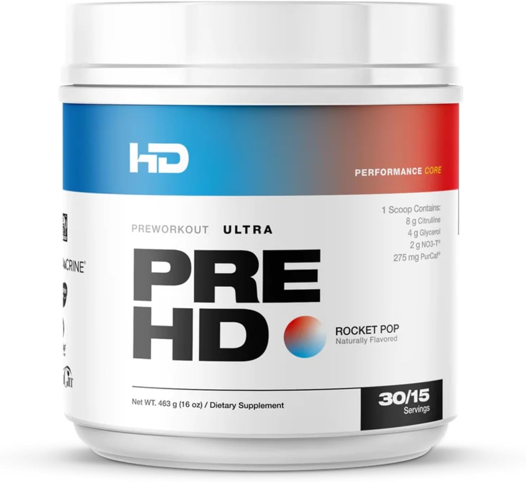 HD MUSCLE PreHD Ultra-pirms treniņa - ar Citrulīnu, NO3-T Nitrāti, kreatīns, Beta-alanīns - 275 mg kofeīns kā Purcaf - 30/15 Kalpojumi (Rocket Pop)