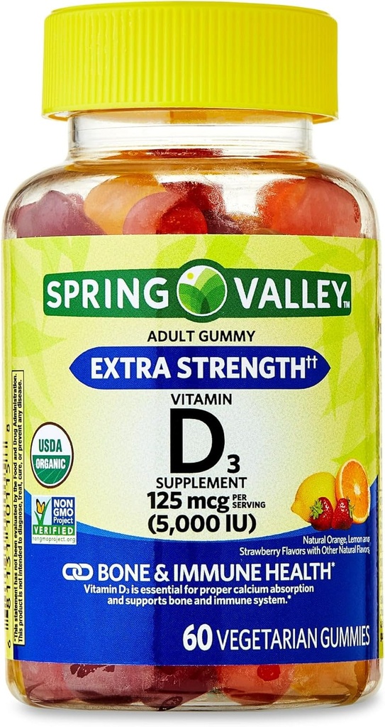 IKJ Extra Strength D3 vitamīns Kaulu un imūnās veselības uztura papildinājums Veģetāriskie gumijas, 125 μg (5 000 SV), 60 skait
