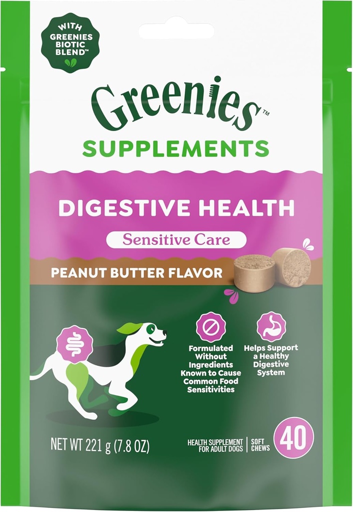 Greenies Jutīga aprūpe Gremošanas Veselības Suņu Papildinājums Vistas-Bezmaksas Formula, ar Probiotikas suņiem, Peanut Butter Flavor, 40 Count Pouch