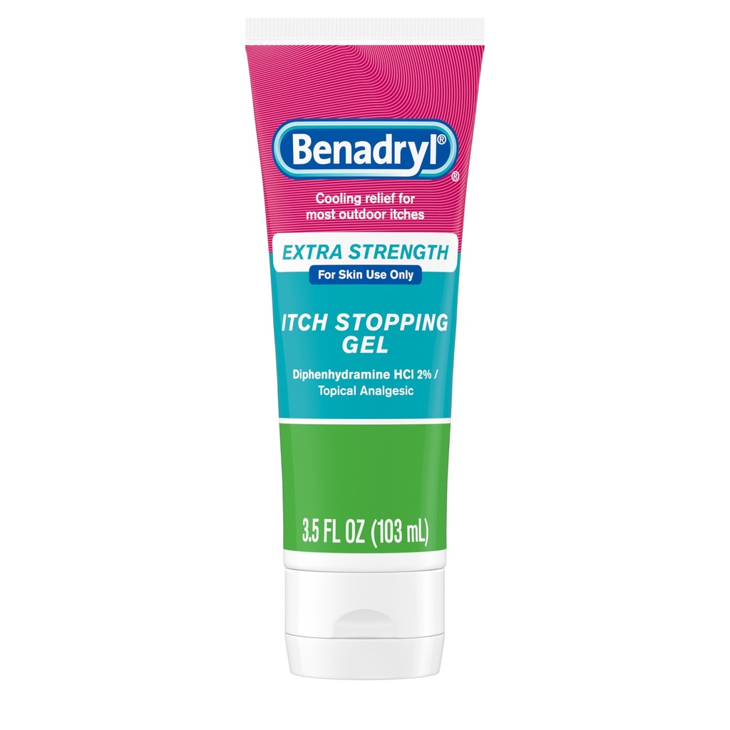 Benadryl Extra Strength Anti nieze Relief Gels, 2% Difenhidramīns HCl, Relief from Insect Bites, Sunburn & More, Great for Camping Essentials, 3.5 fl oz