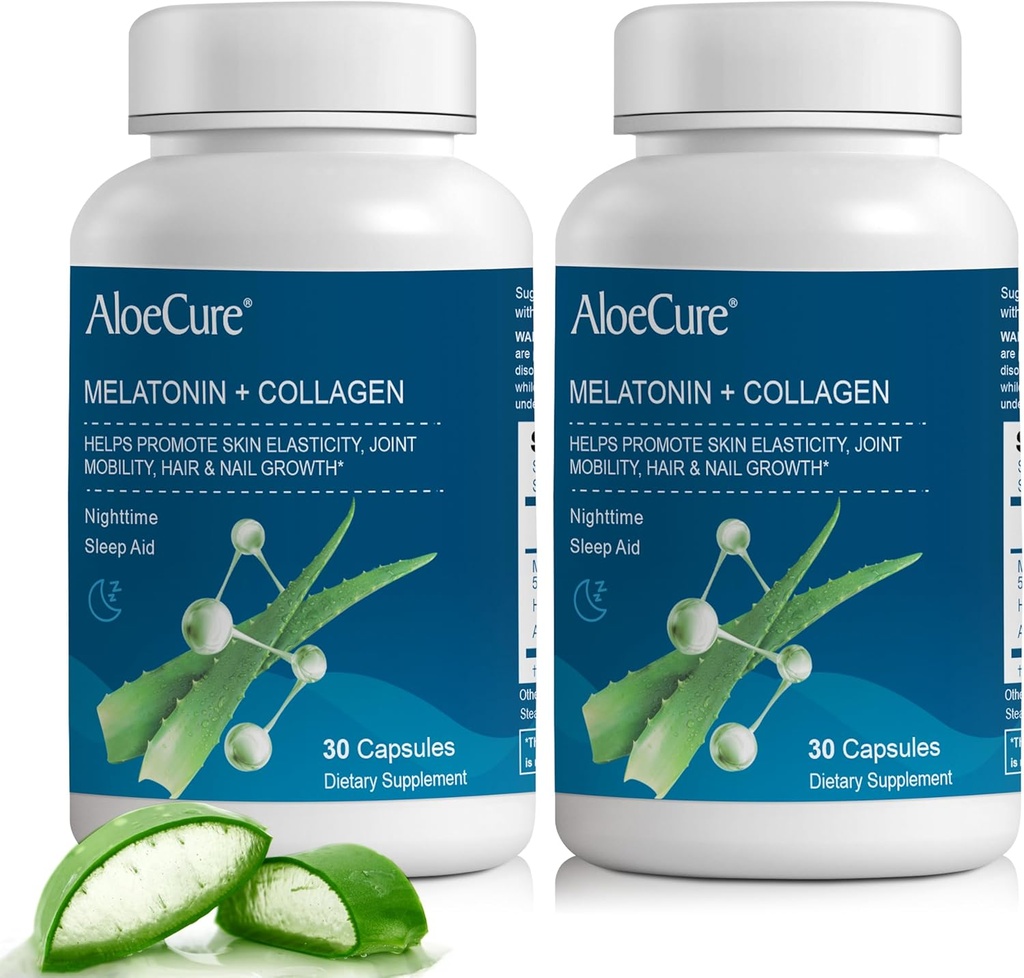 AloeCure Natural Melatonin + kolagēns ar organisko Aloe Vera - dabas miega palīglīdzeklis atpūtai naktīs - kolagēna komplekss locītavu spēku, ādas elasticitāti, matu un nagu augšanu, 30 kapsulas