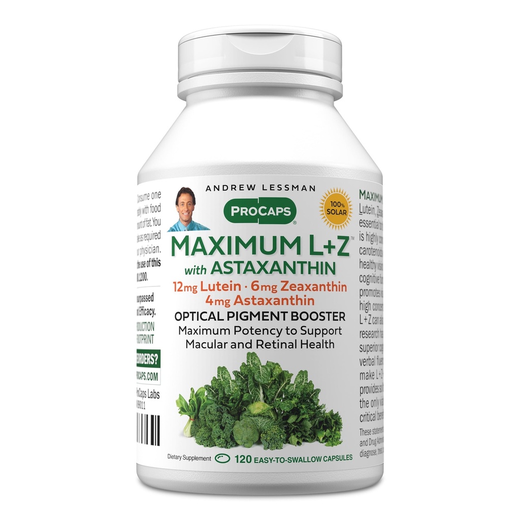 ANDREW LESSMAN Maksimālais L+Z ar astaksantīnu 120 Softgels - 12 mg luteīna, 6 mg Zeaksantīna, 4 mg astaksantīna. Galvenie uzturvielas, lai atbalstītu acu un smadzeņu veselību, un veicināt veselīgu redzējumu.