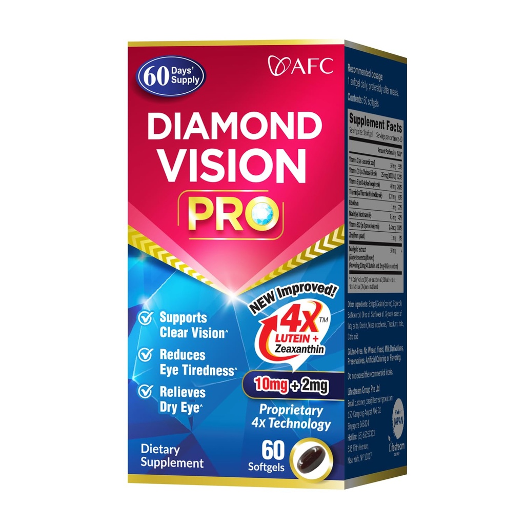AFC Japan Diamond Vision PRO – Uzlabota, uzlabota formula - Lutein & Zeaxanthin 4X ar acu vitamīniem – Vizuālās veselības papildinājums pieaugušajiem, Ekrāna ekspozīcija, Nakts lietošana, 60 Softgels