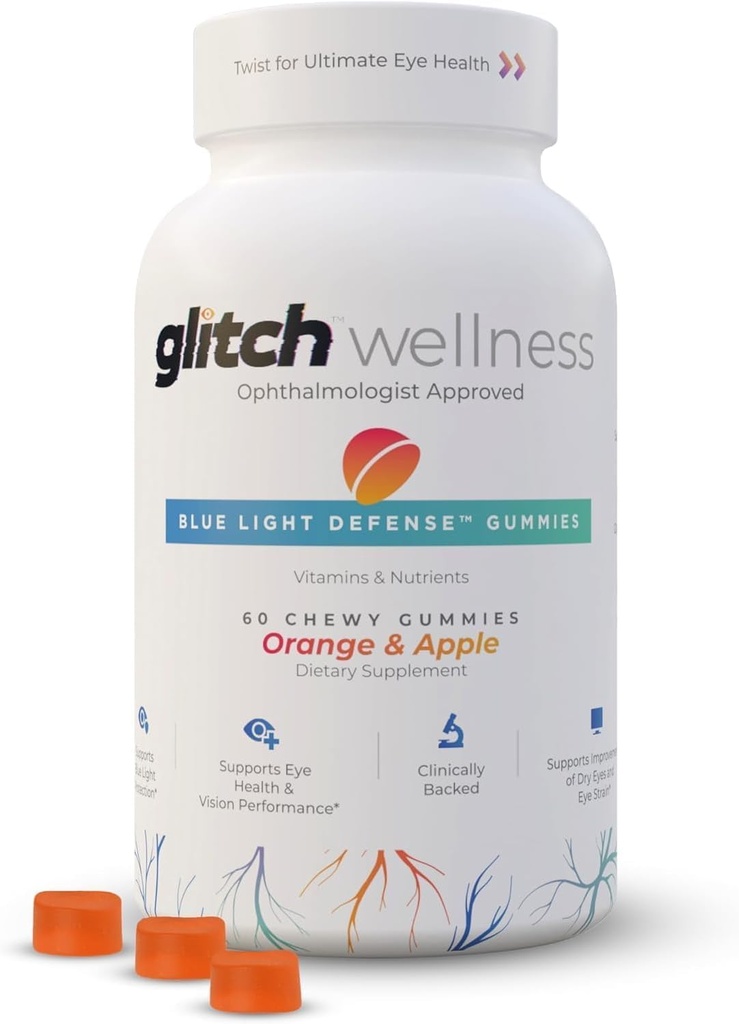 Glitch Gummies for Sausās acis Blue Light Defense – Vegāns, Bezcukura Zeaxanthin un Lutein Gummies for Eyes Papildinājums pieaugušajiem un senioriem (60 Grāfs - 1 pudele)