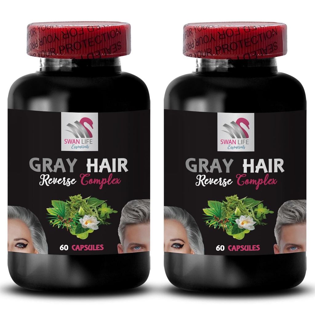 Matu bagātināšana - GRAY HAIR REVERSE - Matu revitalizer, Krāsu palielināšana, Radiants mati, Matu toņu atdzimšana, Matu transformācija, Glossy mati, Jaunības izskatu, Bagātīgs matu krāsa 2 pudeles 120 kapsulas