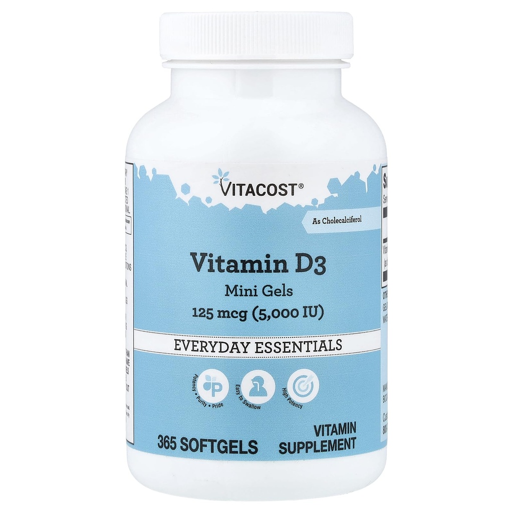 Vitacost vitamīns D3 (kā holekalciferols) - 5000 Iu - 365 Softgel Mini Gels