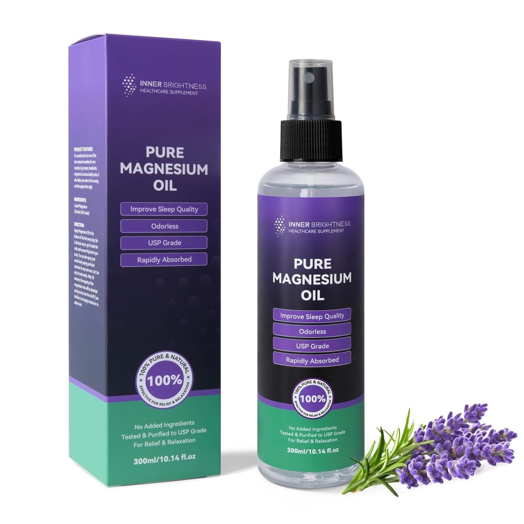 Magnija eļļa kājs un miegs, tīra magnija eļļa Spray Organic Natural Magnija Spray - USP pakāpe Magnija papildinājums - Big 10oz, 100% Dabīgs un tīrs muskuļu un ādas veselībai