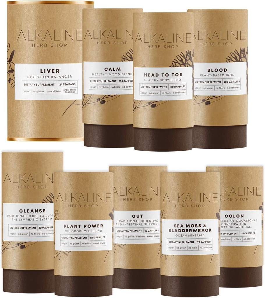 Sārmains augu veikals ķermeņa essentials Bundle - jūras sūnas un urīnpūšļa, hlorofila, dzelzs, laimīgu veselīgu ķermeni, laimīgu Colon, laimīgu limfa, Gut, laimīgu aknu tēju un laimīgu Mood