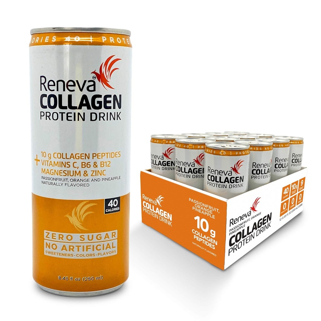 Reneva kolagēna proteīna dzēriens - 10g kolagēna peptīdi, elektrolīti, B-vitamīni, cinks un nulles cukurs (pasifloras apelsīna ananass)