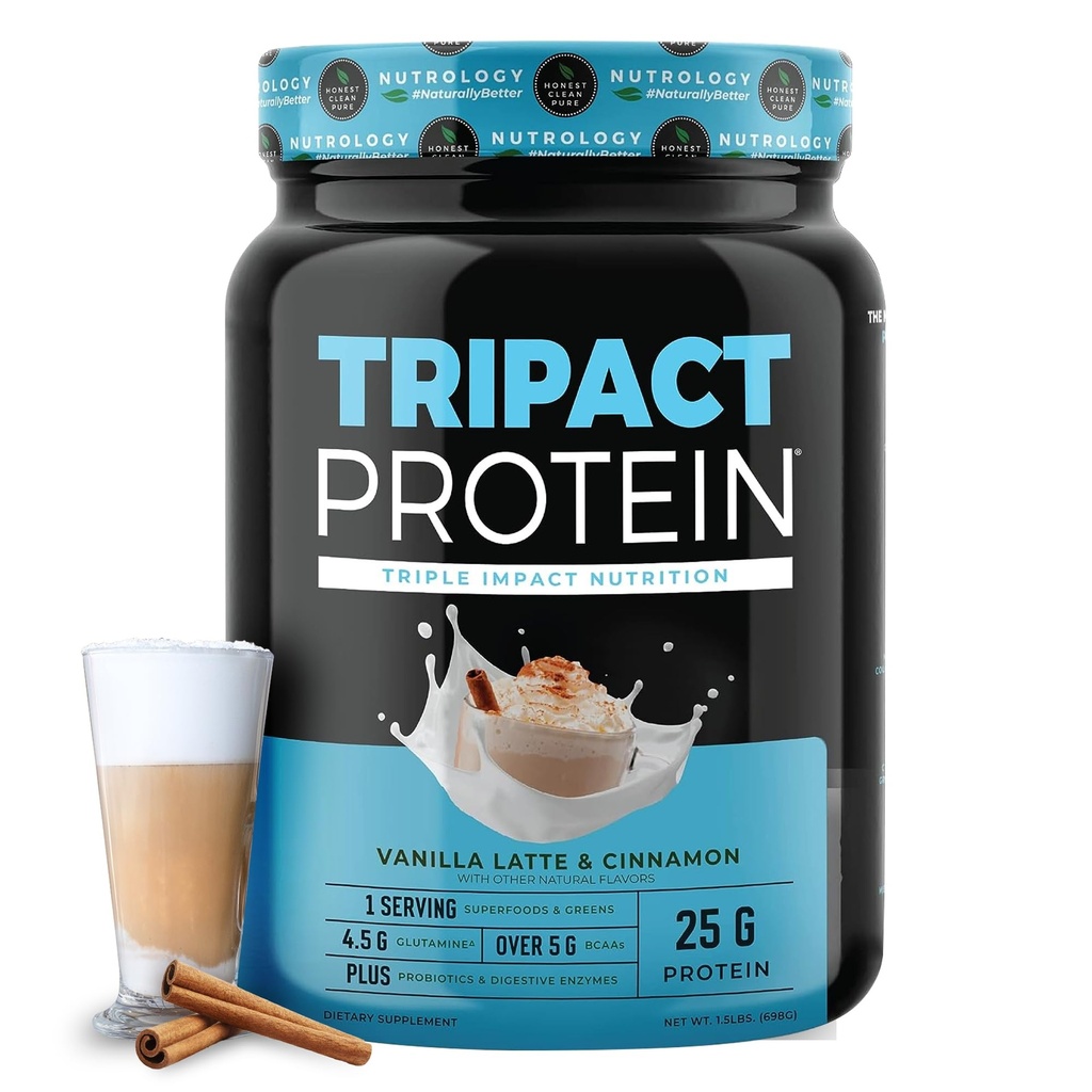 Nutroloģija TRIPACT Protein Pulveris - 7-in-1 Ēdienreizes aizstāšana Sakratiet ar zāles kausētu sūkalu Protein pulveris, zirņi, rīsi, zaļumi muskuļu reģenerācijai un imunitātei, Vanilla Latte & Cinnamon Flavor, 20 Kalpo