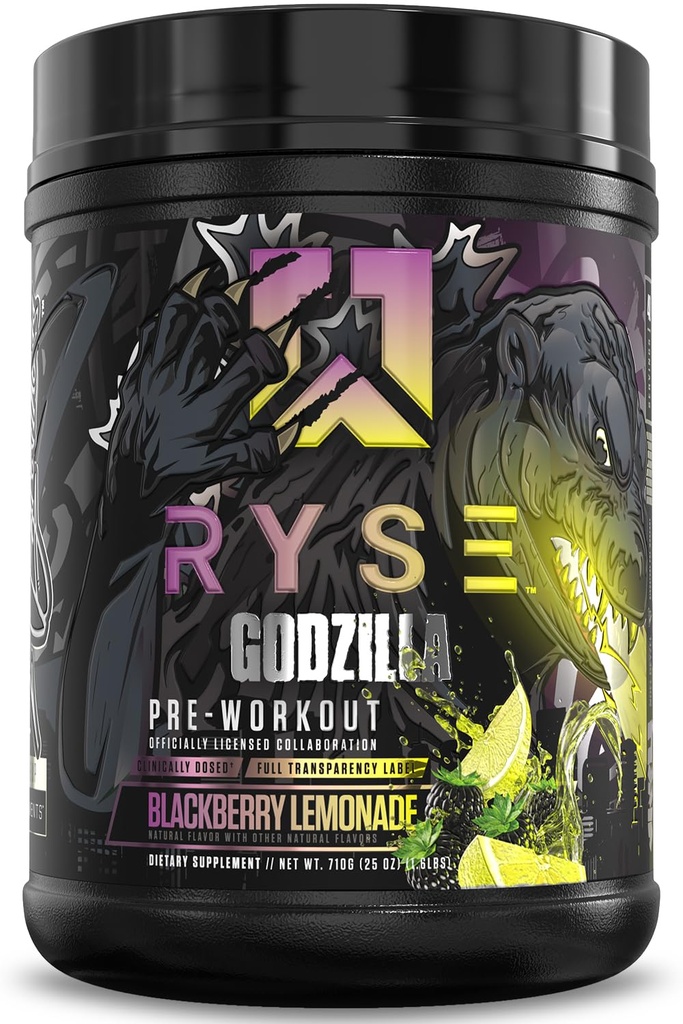 RYSE Godzilla X Noel Deyzel Pre Workout Pulveris - BlackBerry Lemonade - 400mg Kofeīns, augsta līmeņa pirmsdarbs vīriešiem un sievietēm ar Citrulline un Beta Alanine - Enerģija, sūknis & Focus - 20/40 Kalpo