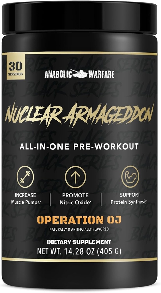 Anaboliskais karš Kodolu Armagedons Pirms treniņa Pulveris Pirms treniņa vīriešiem un sievietēm ar L-citrulīnu, Beta Alanīna pulveris un kofeīns (Oranža sula - 30 Kalpo)