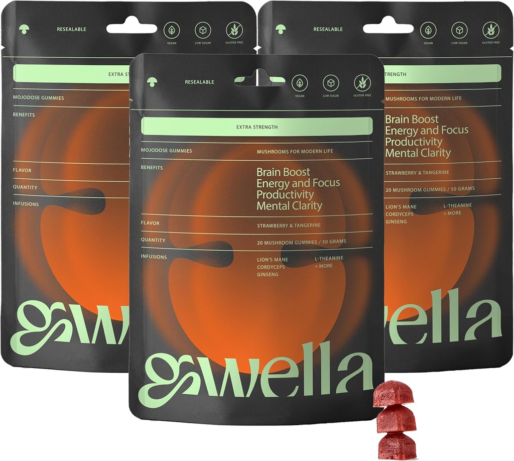 Gwela Focus Gummies with Lion’s Mane, Panax Ginseng, Ingver Root, Cordyceps, SAM-e, Nootrops, Enerģijas un Focus pielikums, Vegan, Strawberry Tangerine (20 Count - Pack of 3)