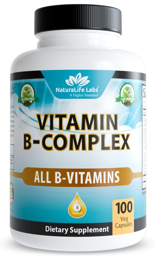 NaturaLife Labs vitamīns B-komplekss ar C vitamīnu un folijskābi – ietver B1, B2, B3, B5, B6, B7, B9 un B12 – 100 kapsulas, veganu, ne- GMO, bez lipekļa