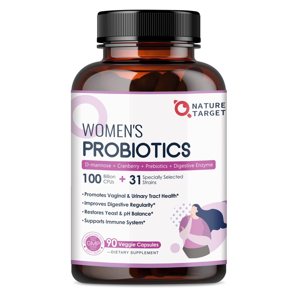 MĒRĶA PRObiotikas sievietēm, 100 miljardi KVV Probiotikas ar gremošanas enzīmiem un prebiotikām, maksts probiotikas ar dzērvenēm urīna trakta veselībai, pH līdzsvars, 90 Veggie kapsulas