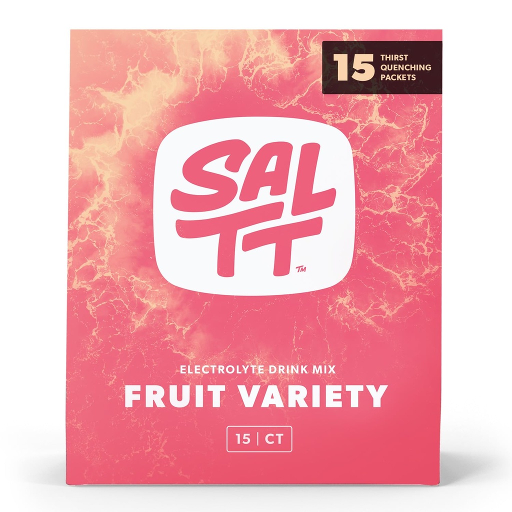 SALTT Elektrolītu paciņas ar pulveri, augļu šķirņu paciņas (15 paciņas) - Magnijs, Kālijs, Nātrijs, Trace Minerals - Bez vegana un glutēna - Travel Essentials - Ražots ASV