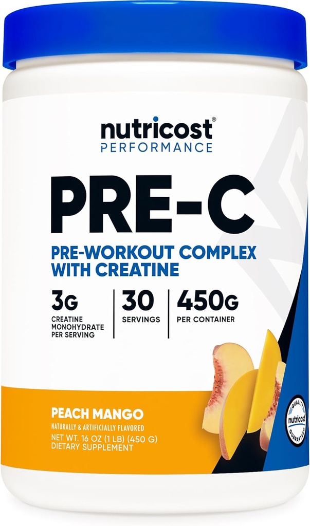 Nutricost Pre-C Pre-Workout komplekss ar kreatīnu (Peach Mango 30 Servings) Pulveris - Boost Fintess Routines, 450g