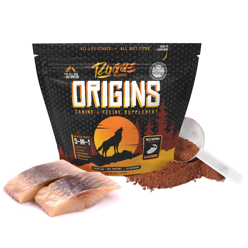 ROGUE PET ZINĀTNE Izcelsme 5-in-1 Suņa papildinājums - Pulverveida pārtikas Topper w/Natural Omega 3 Zivju eļļa - Atbalsta veselīgu gremošanas, ādas, un apmatojums - Palīdz samazināt nieze un locītavu iekaisums (2 mārciņas)