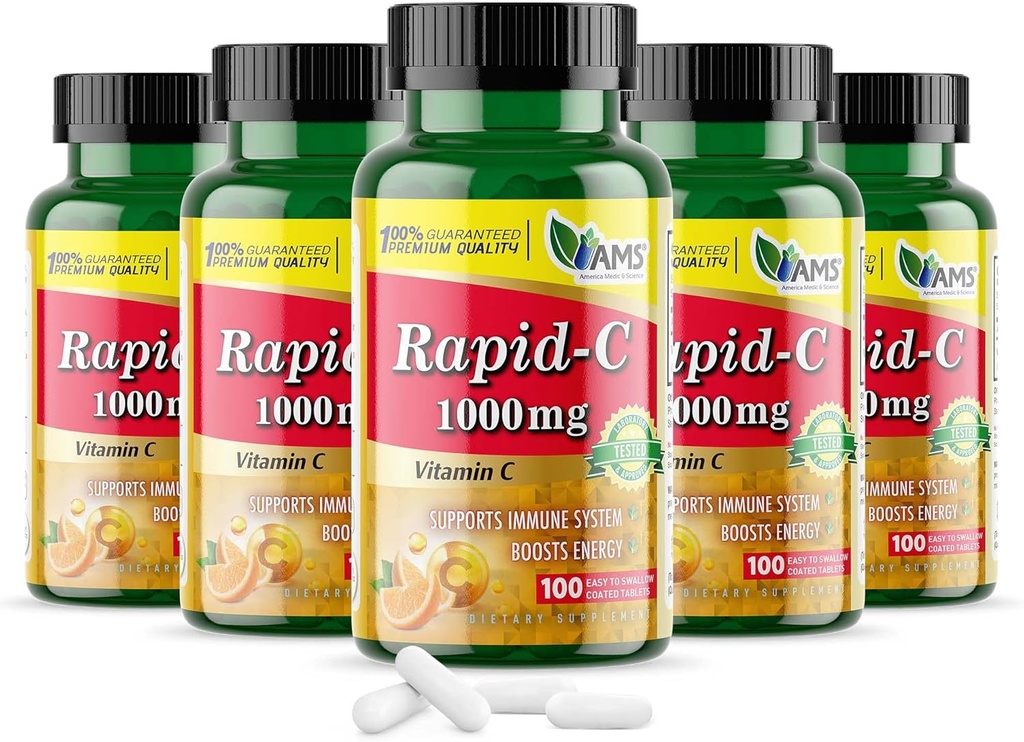 America Medic & Science Rapid-C 1000mg C vitamīna papildinājums (5 iepakojums ar 100 tabletēm) Energy Booster, Daily Imūnās sistēmas atbalsts, Antioksidants Vegāns, ne-GMO apvalkota askorbīnskābe pieaugušiem vīriešiem un sievietēm