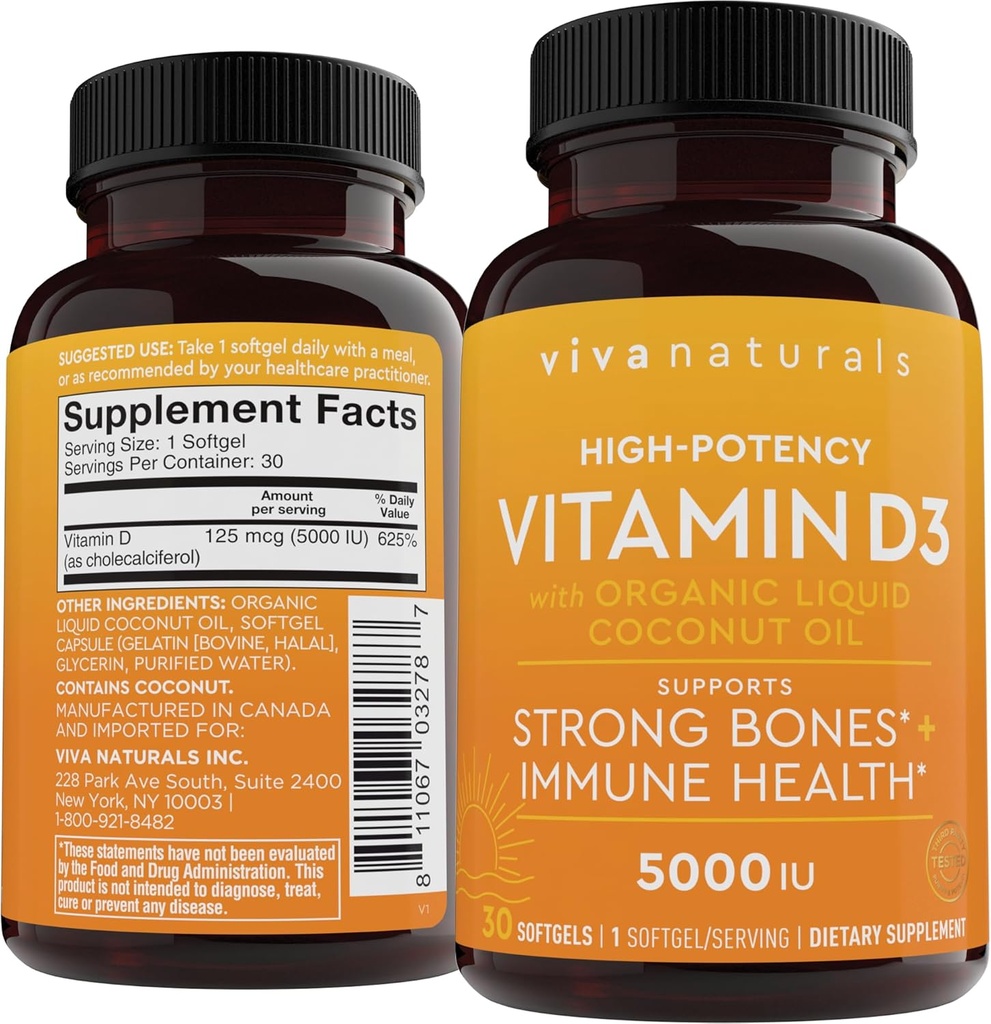 D3 vitamīns 5000 SV softgeli (125 μg), 30 softgeli - D vitamīna papildinājums veselīgai imūnai funkcijai, kauliem un muskuļiem - izgatavots ar organisko šķidro kokosriekstu eļļu