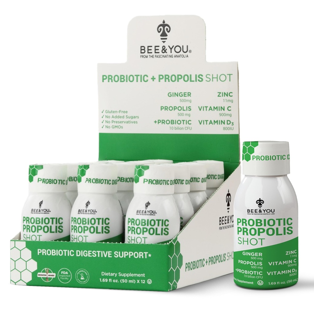 Bišu un You Propolis Imūnā šāviens, probiotika, C vitamīns, D3 vitamīns, cinks, ingvers, imūnās sistēmas atbalsts, zarnu veselība, gremošanas veselība, bioaktīva 1.69 Fl. oz, 12 iepakojums