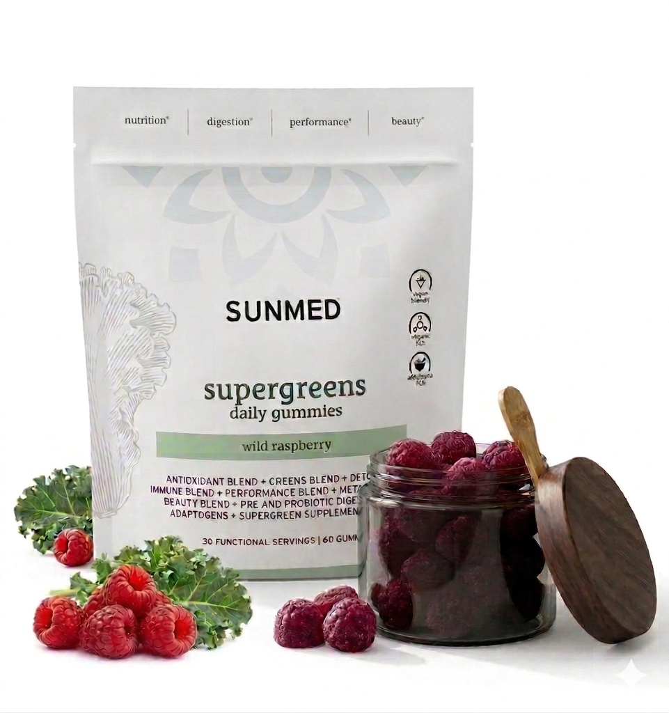 SUNMED Supergreens Dienas Gumijas – Wellness Blend ar Ashwagandha, Zaļā tēja, Spirulina, Probiotikas, Antioksidanti & Detox Atbalsts Immunity, Gut, ādas un smadzeņu veselība       ) Savvaļas aveņu, 60ct