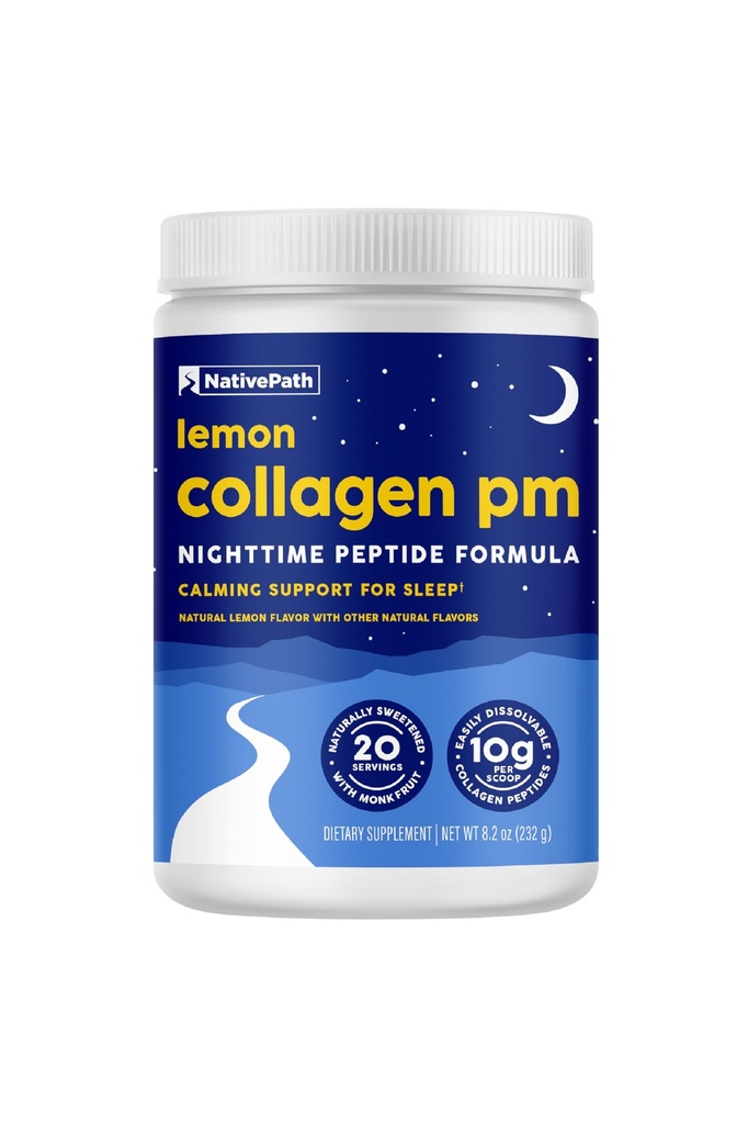 NativePath Collagen PM - citrona nakts kolagēna peptīdi Pulveris ar magniju, GABA, L-teanīnu un melatonīnu - 20 Kalpojumi