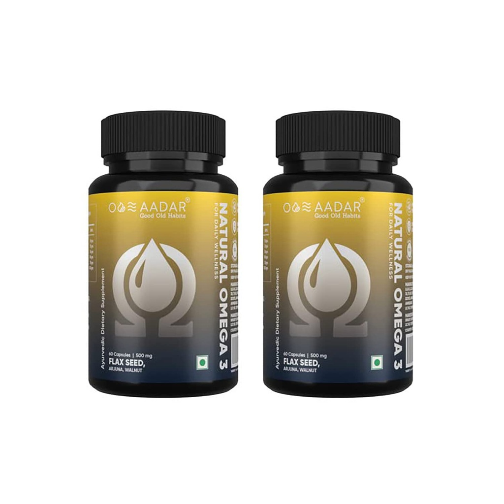 AADAR Dabiskā omega 3 Vegan Taukskābes un immunitātes papildinājums vīriešiem un sievietēm; Linsēklu arjuna valrieksts Bez zivju eļļas; 60 kapsulas (2. iepakojums)