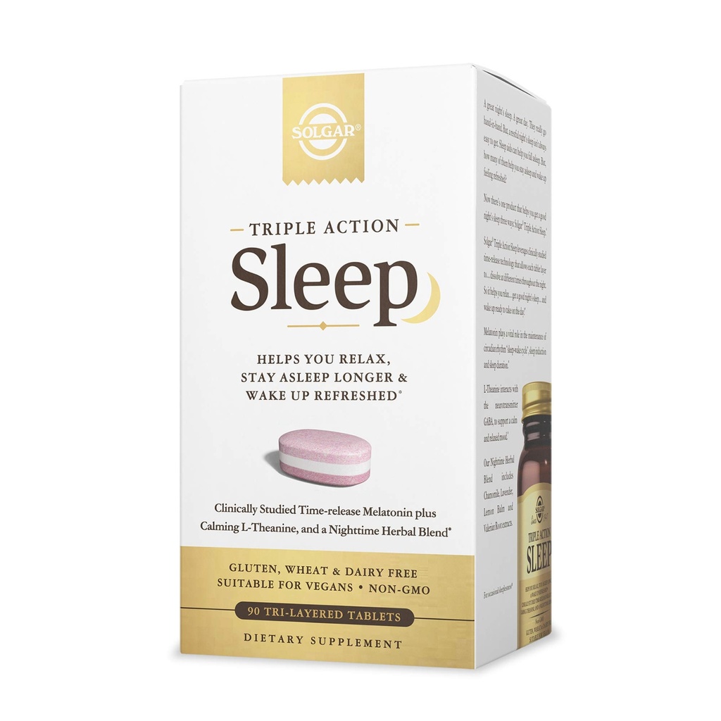 Solgar Triple Action Sleep, 90 Tri-Layer tabletes - Laiks-Release Melatonīns & L-Teanīns Plus Ārstniecības augu balzams - Palīdz jums atpūsties - Ne-GMO, Gluten Bezmaksas - 90 Kalpo
