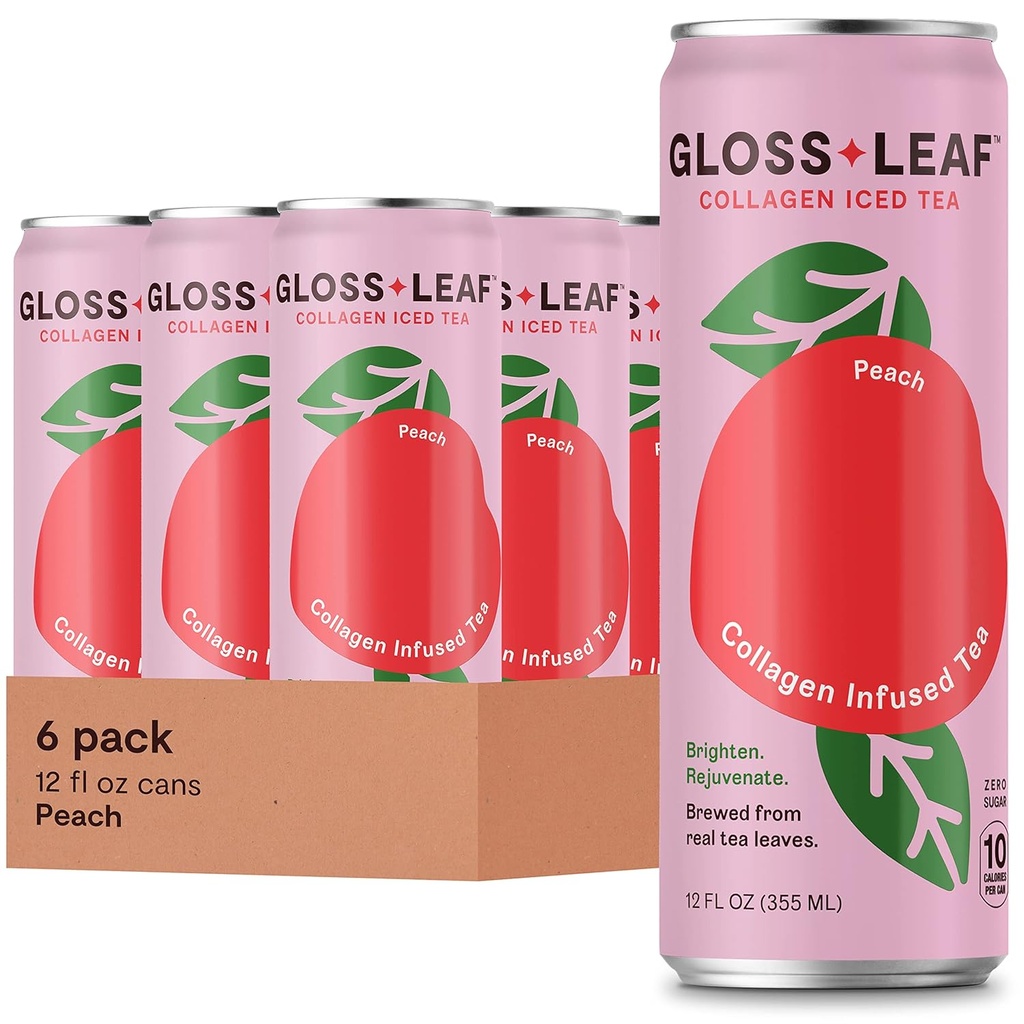 Gloss Leaf kolagēna ledus tēja (Zero-Cugars, persiks): brūvēta melnā tēja ar kolagēna peptīdiem un C vitamīnu, skaistums un anti-Aging, 12 Fl Oz, 6 Pack