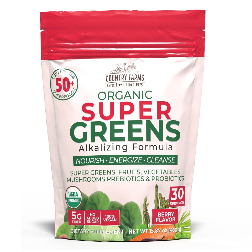 Lauku saimniecības Super Greens Berry Flavor, 50 Organic Super Foods, USDA Organic Drink Mix (Wheat Grass, Spirulina, Chlorella) Sēnes un probiotikas, ar Fiber, Gut Health, Natural Energy, 30 Servējumi