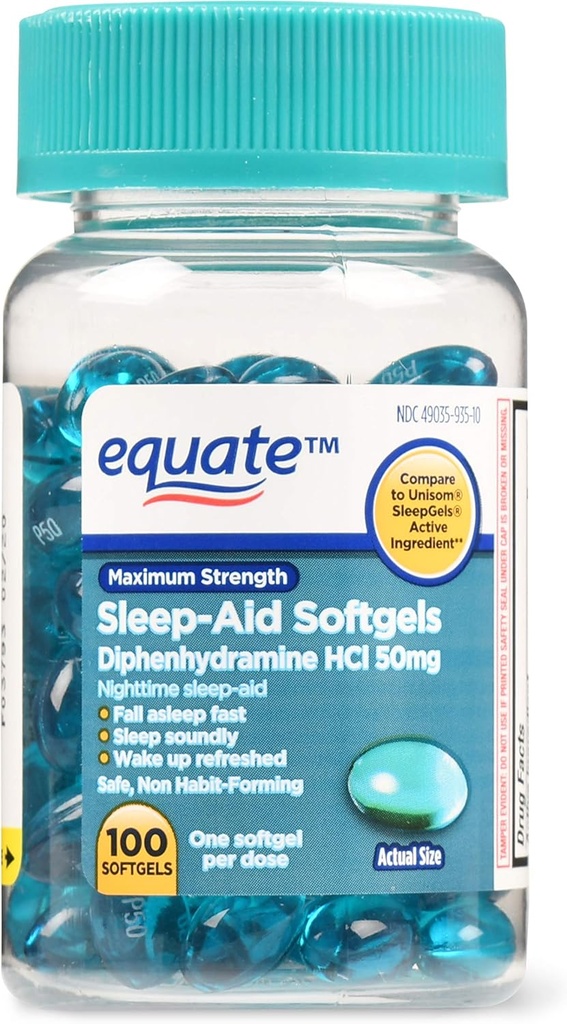 Equate Maksimālais stiprums miega miega laikā Softgels, 50 mg, 100 Skaits