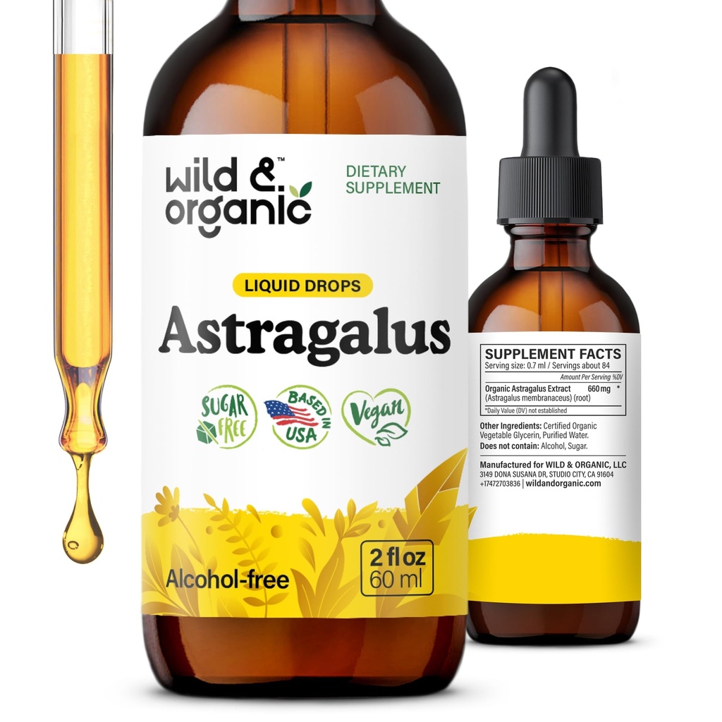 Wild & Organic Astragalus Tincture - Imūnsupport Drops w/Astragalus Root Extract - Augu papildinājums nomierinājumam un relaksācijai - Vegāns, bez cukura un alkohola - 2 fl oz