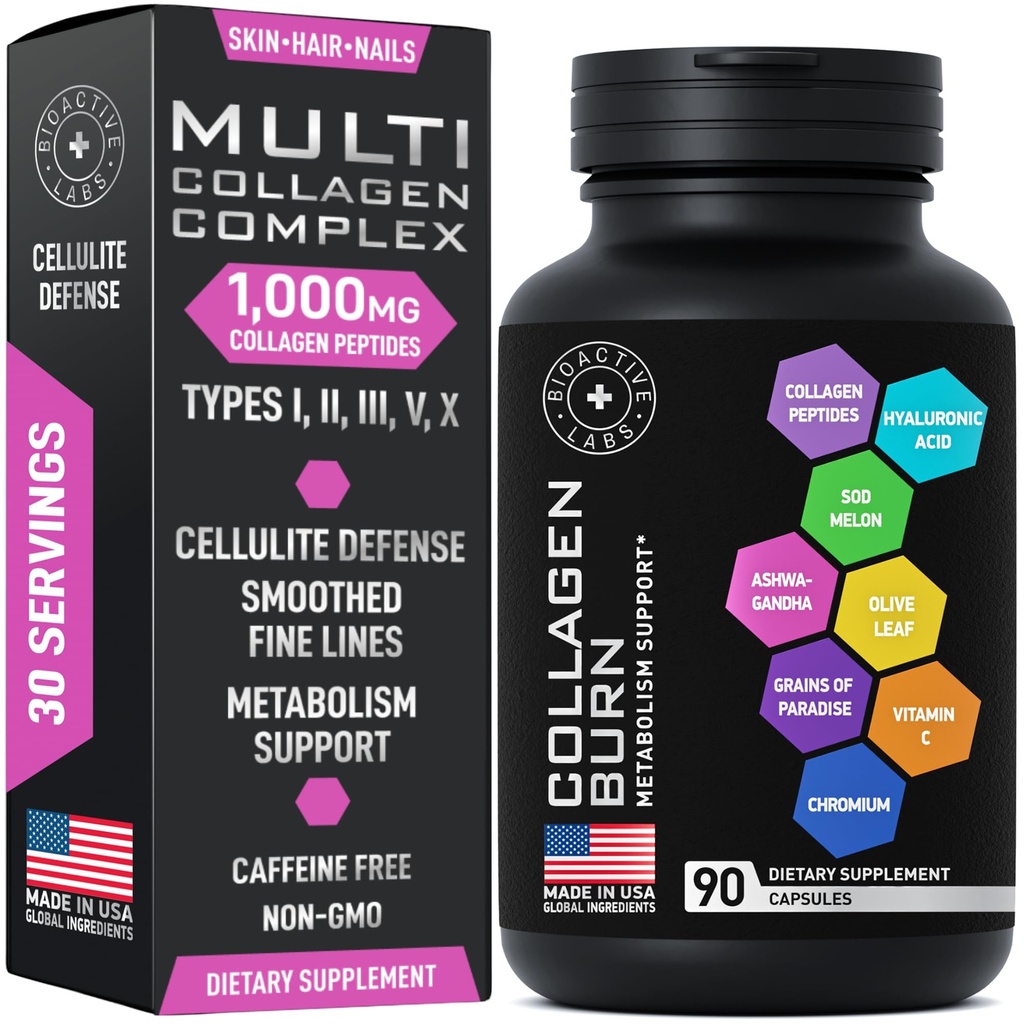 Termogēnās multikolagēna Burn kapsulas - Uzlabots I, II, III, V, X tips Hidrolizēts kolagēns Peptīdi Plus Hialuronskābe - Metabolisms, celulīts, āda, mati, nagu atbalsts - 90 kolagēna Burn Caps