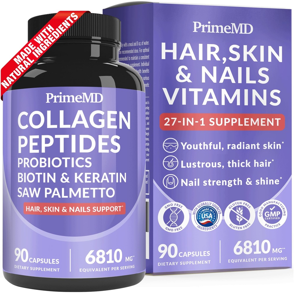 27-in-1 Matu āda un nagi Vitamīni (6810mg) ar Biotin 10000mcg - kolagēna papildinājumi vīriešiem un sievietēm - keratīna papildinājumi ar probiotikām un Saw Palmetto, 90ct
