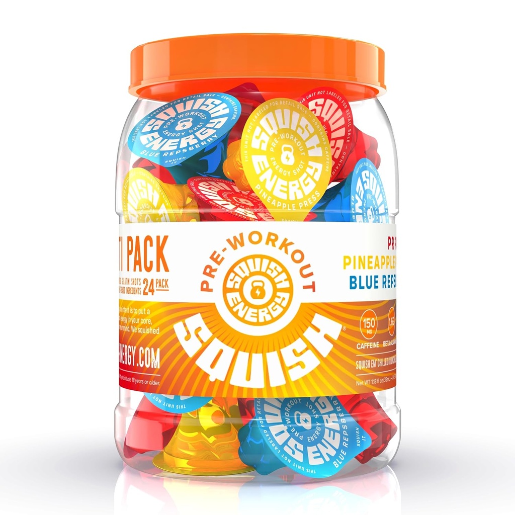 Squish Pre Workout Energy Shots, Beta-Alanine, Citrulline, Kofeīns, L-Teanīns, Alpha-GPC, Augu Pamata sastāvdaļas atbalsta un uzlabot treniņus, zilie repsberry, ananasu Press, PR Punch, 24 ct.