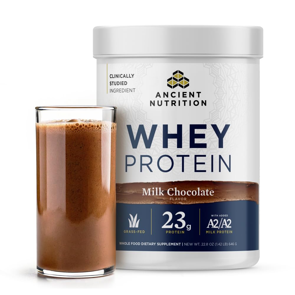 Ancient Nutrition Grass Fed Whey Protein, Piena Šokolāde, 23g Olbaltumvielas, 20 Servējumi, Hidrolizēti kolagēna peptīdi, Organiskie reģeneratīvie A2/A2 Piena proteīni