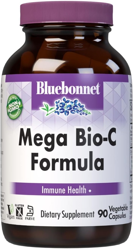Bluebonnet Nutrition Mega Bio-C formula Dārzeņu kapsulas, augstas potences Bufered vitamīns C Imūnās veselības, bez sojas, bez lipekļa, ne-GMO, Kosher, bez piena, Vegan, 90 skaitīšanas