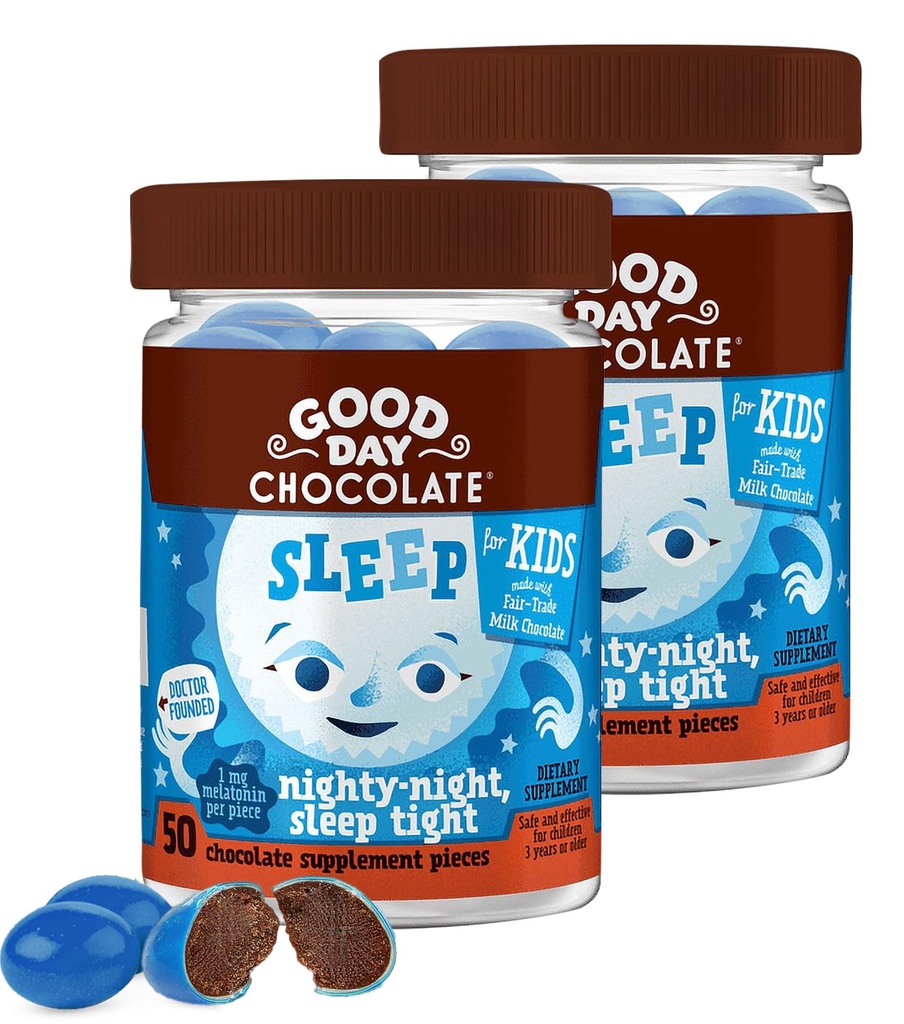 Good Day Chocolate Melatonin bērniem [2 iepakojums] - Godīga tirdzniecība ar ne-ĢMO Šokolāde ar kumelītēm un melatonīnu 1 mg - Toddler Melatonin, Kids Natural Sleep Aid for Ages 3 and Up