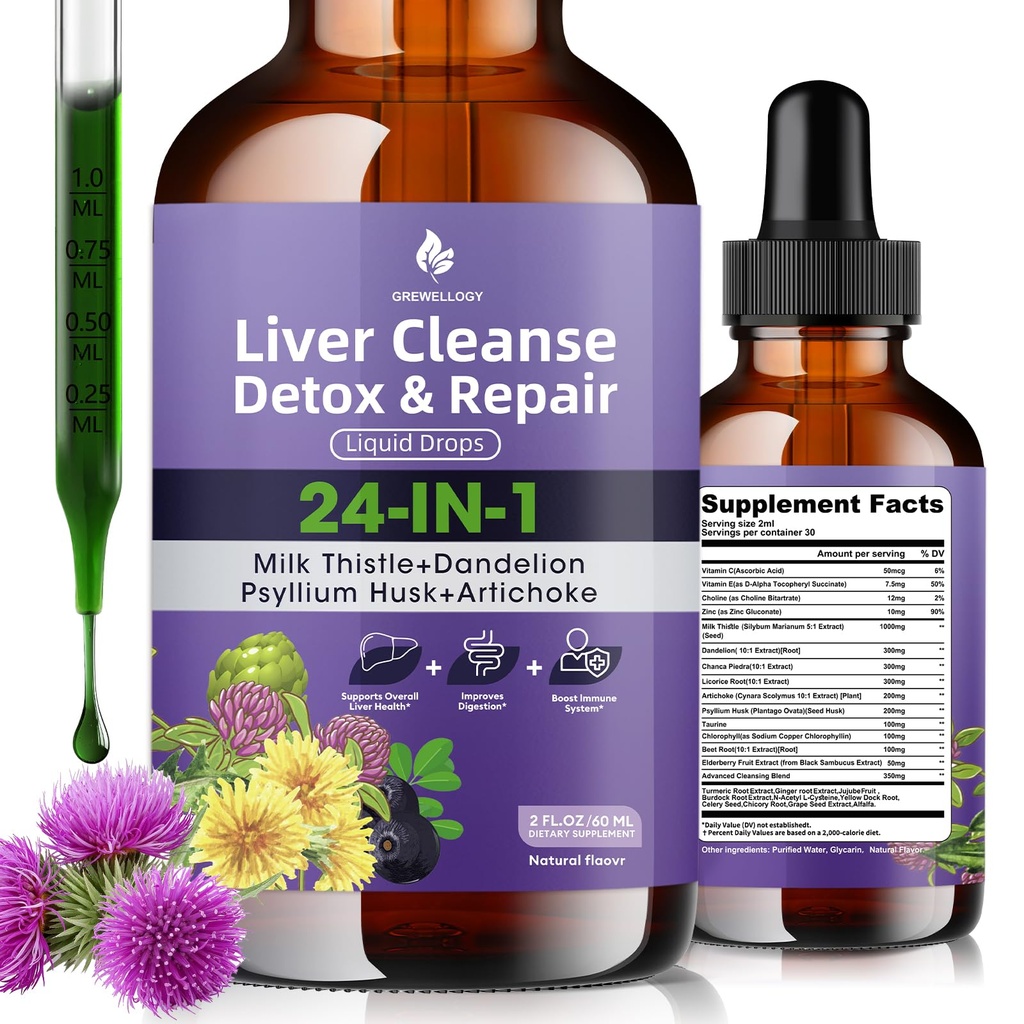 Aknas tīrīt Detox & remonts Šķidruma pilieni - Piena dadži, Dandelion, Psyllium Husk & Artichoke Papildinājums aknu veselību un gremošanas - bez cukura Vegan Extract, 2 Fl Oz (30 Servē)