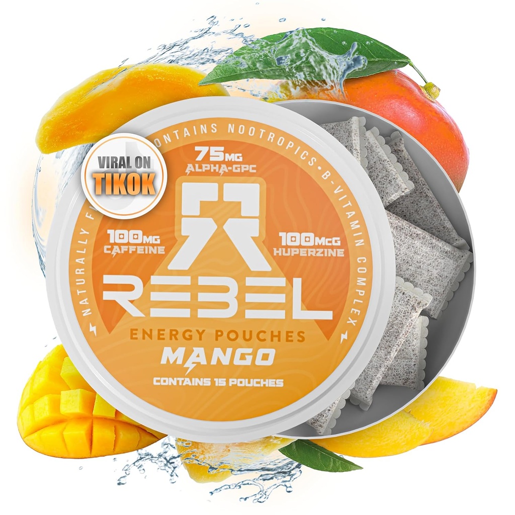 Nootropiskā enerģija Kofeīna maisiņi • 100 mg kofeīns • Alpha GPC • Huperzine A & Essential Vitamīni • Bezcukura • Kokosriekstu šķiedru tehnoloģija • Mango Flavor • 15 maisiņi vienā kannā (1. iepakojums)