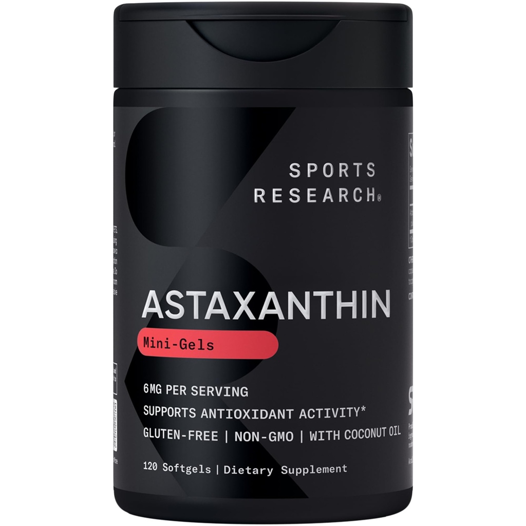Sporta pētījumi Triple Strength Astaksantīna papildinājums (6mg) ar organisko kokosriekstu eļļu antioksidantu darbību, ādas un acu veselības atbalsts - Non-GMO Verified & Gluten Free - 120 Softgels