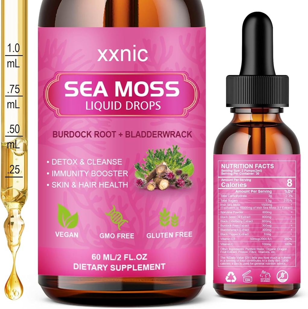 Sea Moss Advanced Liquid Drops, 3000mg Organic Sea Moss Liquid with Black Seed Oil & Irish Seamoss Gel, Raw Sea Moss Support Immunity, Common, Digestive Health, 60ml-L8
