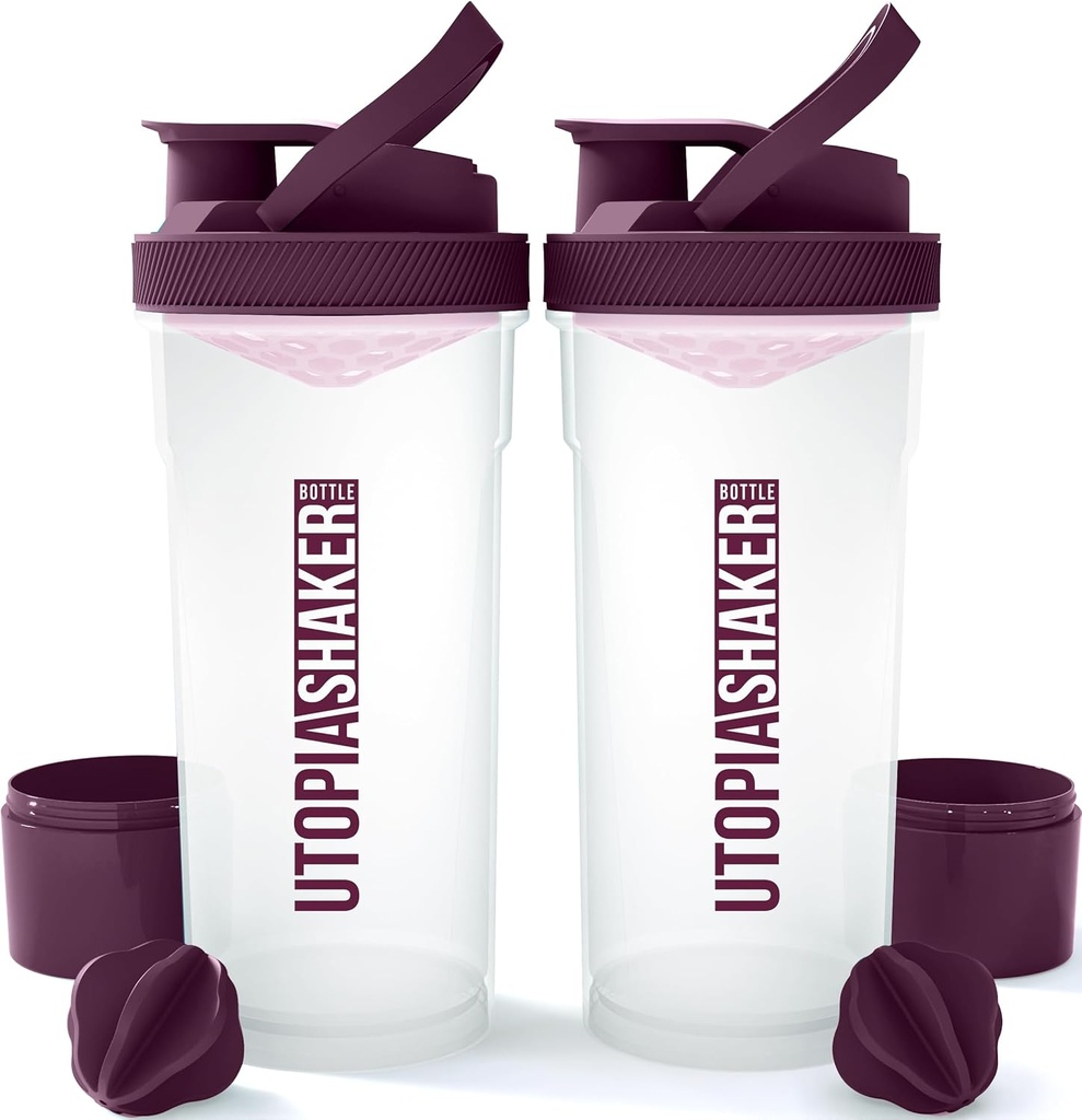 Utopia Home Shaker Pudele 2 Pack - 24 Ounce Plastic Protein vai Cocktail Shaker Pudele pirms un pēc treniņa ar Twist & Lock Olbaltumvielu kastes uzglabāšana (Clear/Plum)